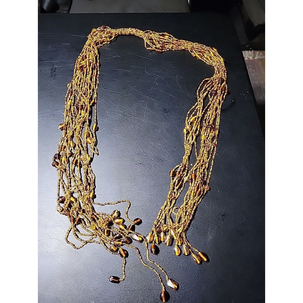 Orange Brown Vtg Beaded Lariat Necklace Boho Beads Fall Autumn Statement Long